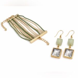 Bracelet + Drop Earrings Bundle | Green Multi Strand + Square Dangle Set